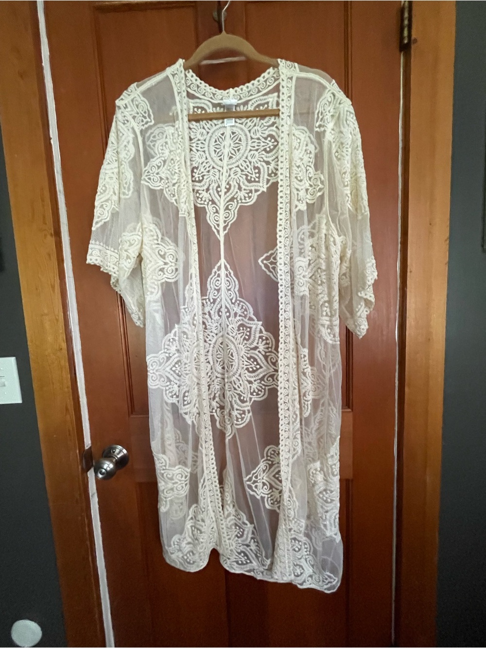 Sheer Lace Kimono Duster in Ivory